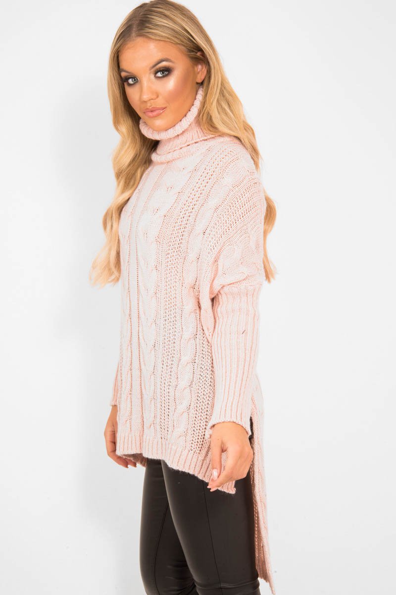 Pink Cable Knit Roll Neck Jumper - Laraina-Jumper