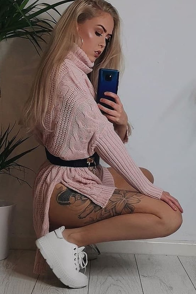 Pink Cable Knit Roll Neck Jumper - Laraina-Jumper