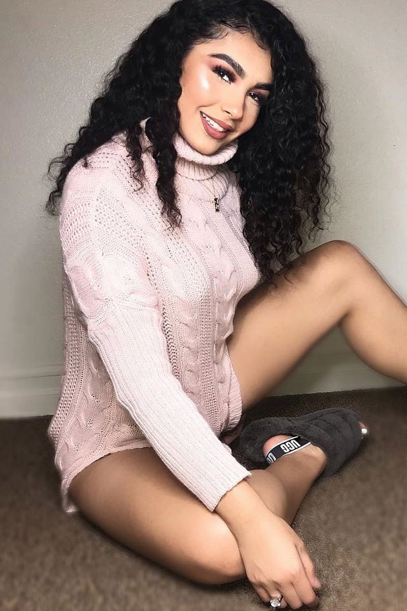 Pink Cable Knit Roll Neck Jumper - Laraina-Jumper