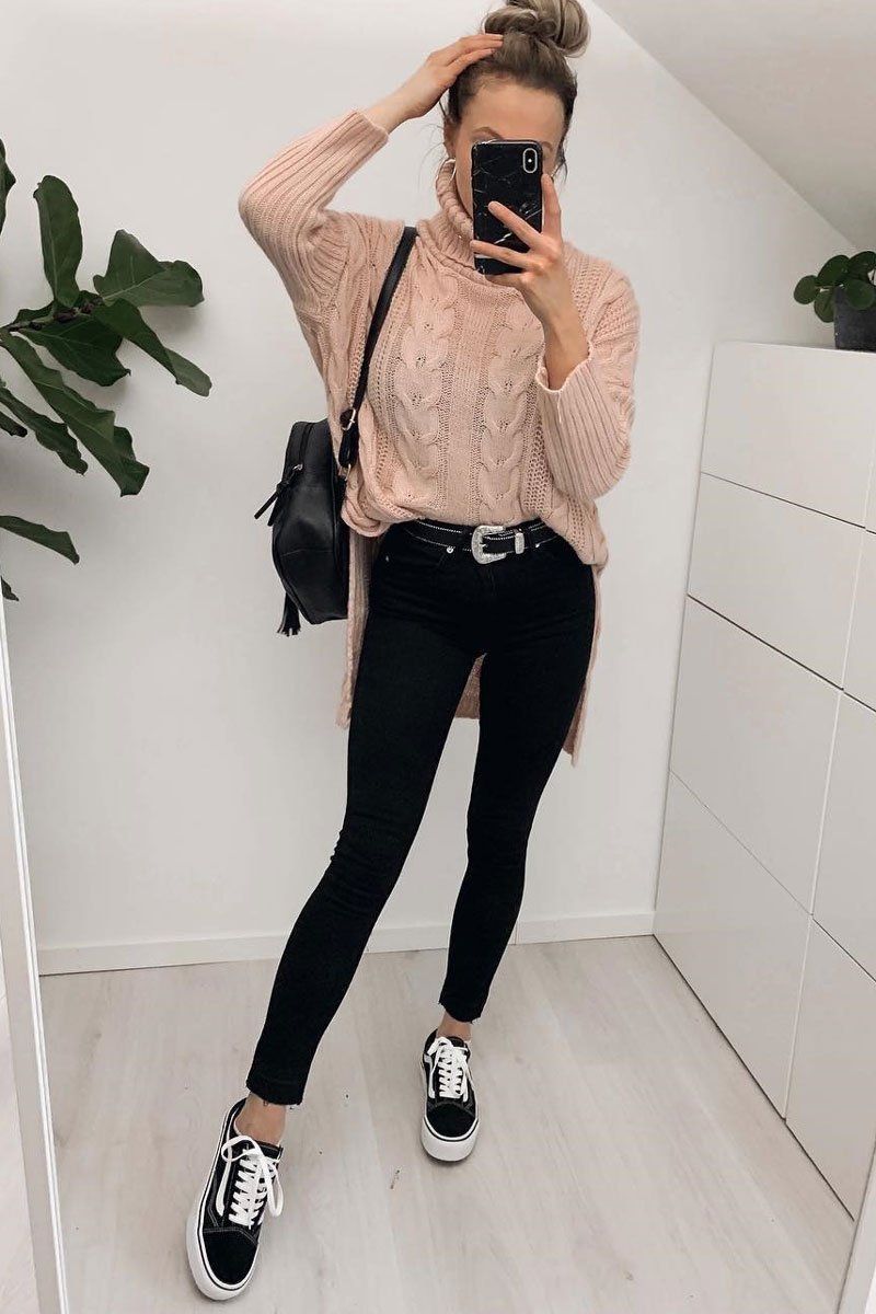 Pink Cable Knit Roll Neck Jumper - Laraina-Jumper