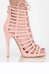 Pink Caged Lace Up Heels - Jane-Heels