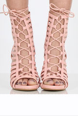 Pink Caged Lace Up Heels - Jane-Heels