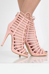 Pink Caged Lace Up Heels - Jane-Heels