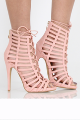 Pink Caged Lace Up Heels - Jane-Heels
