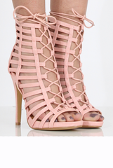 Pink Caged Lace Up Heels - Jane-Heels