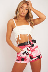 Pink Camo Buckle Front Woven Utility Shorts - Minh-Shorts
