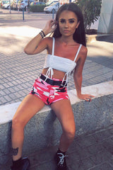 Pink Camo Buckle Front Woven Utility Shorts - Minh-Shorts