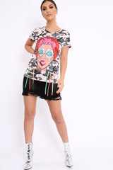 Pink Camo Crew Neck Girls Face T Shirt with Tassels - Lenna-Tops