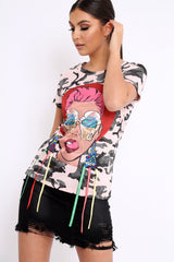 Pink Camo Crew Neck Girls Face T Shirt with Tassels - Lenna-Tops
