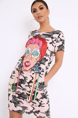 Pink Camo Crew Neck Girls Face T-shirt Dress with Tassels - Sway-Dresses