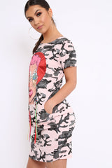 Pink Camo Crew Neck Girls Face T-shirt Dress with Tassels - Sway-Dresses