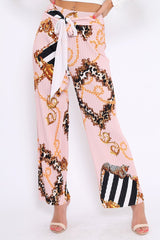 Pink Chain Pleated Wide Leg Trousers - Neola-Trousers