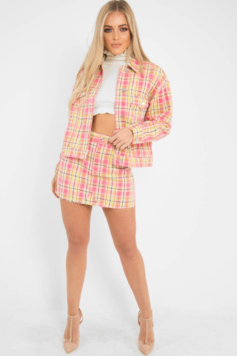 Pink Check Crop Denim Jacket - Dakira-Denim Jackets