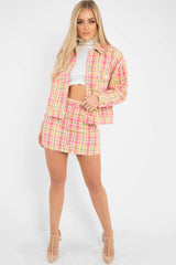 Pink Check Crop Denim Jacket - Dakira-Denim Jackets