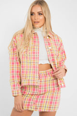Pink Check Crop Denim Jacket - Dakira-Denim Jackets
