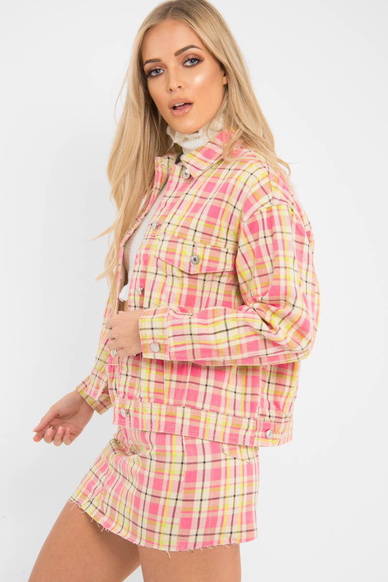 Pink Check Crop Denim Jacket - Dakira-Denim Jackets