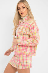Pink Check Crop Denim Jacket - Dakira-Denim Jackets