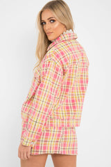 Pink Check Crop Denim Jacket - Dakira-Denim Jackets