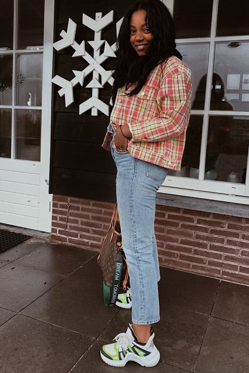 Pink Check Crop Denim Jacket - Dakira-Denim Jackets