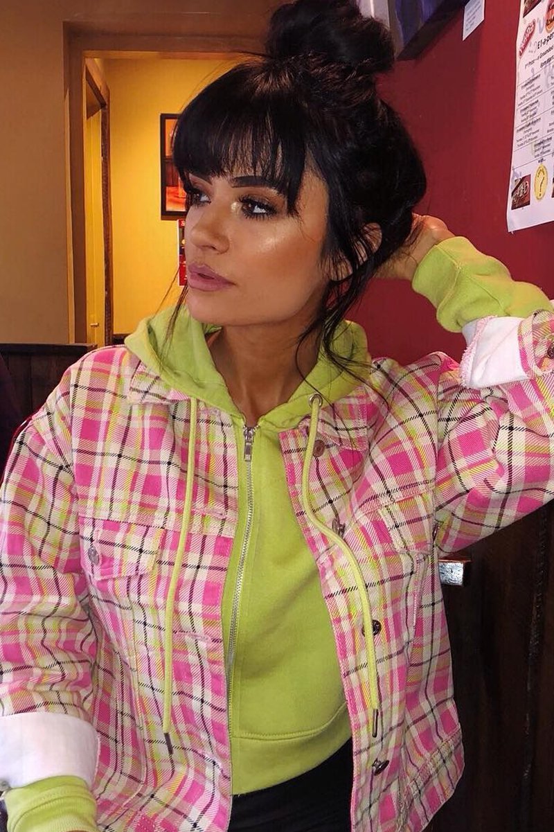 Pink Check Crop Denim Jacket - Dakira-Denim Jackets