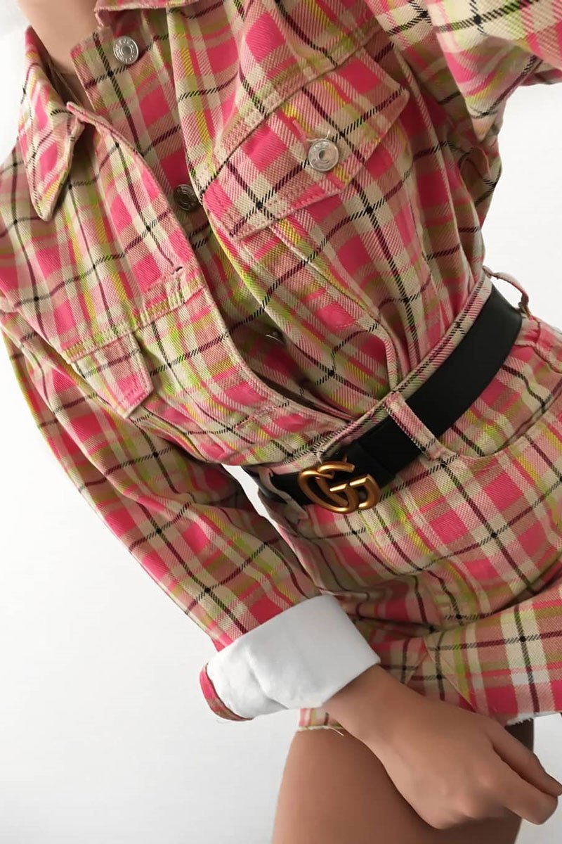 Pink Check Denim Mini Skirt - Blanca-Skirts