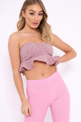 Pink Check Frill Bandeau Crop Top - Colton-Crop Tops