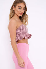 Pink Check Frill Bandeau Crop Top - Colton-Crop Tops