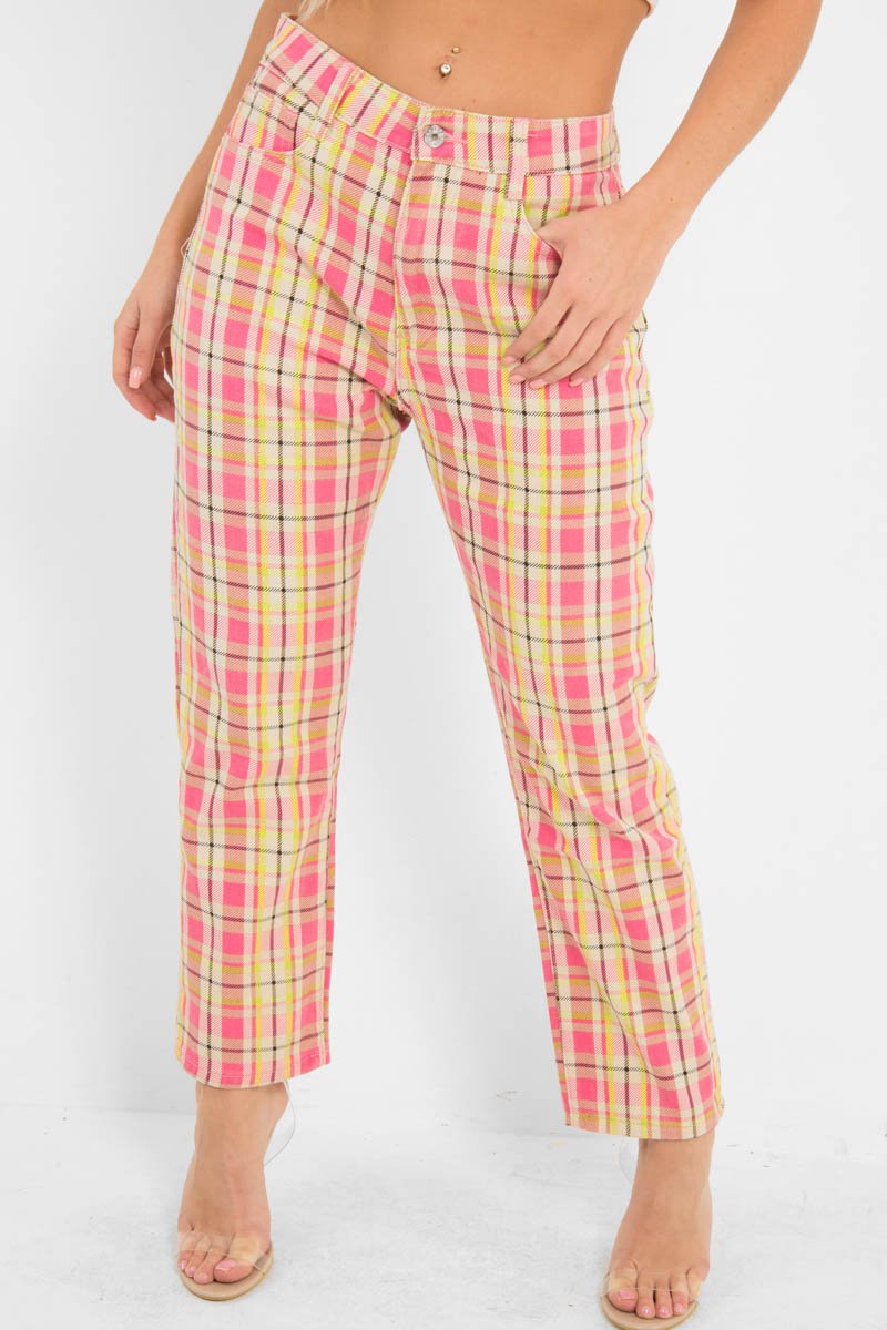 Pink Check High Waist Jeans - Tarryn-Jeans