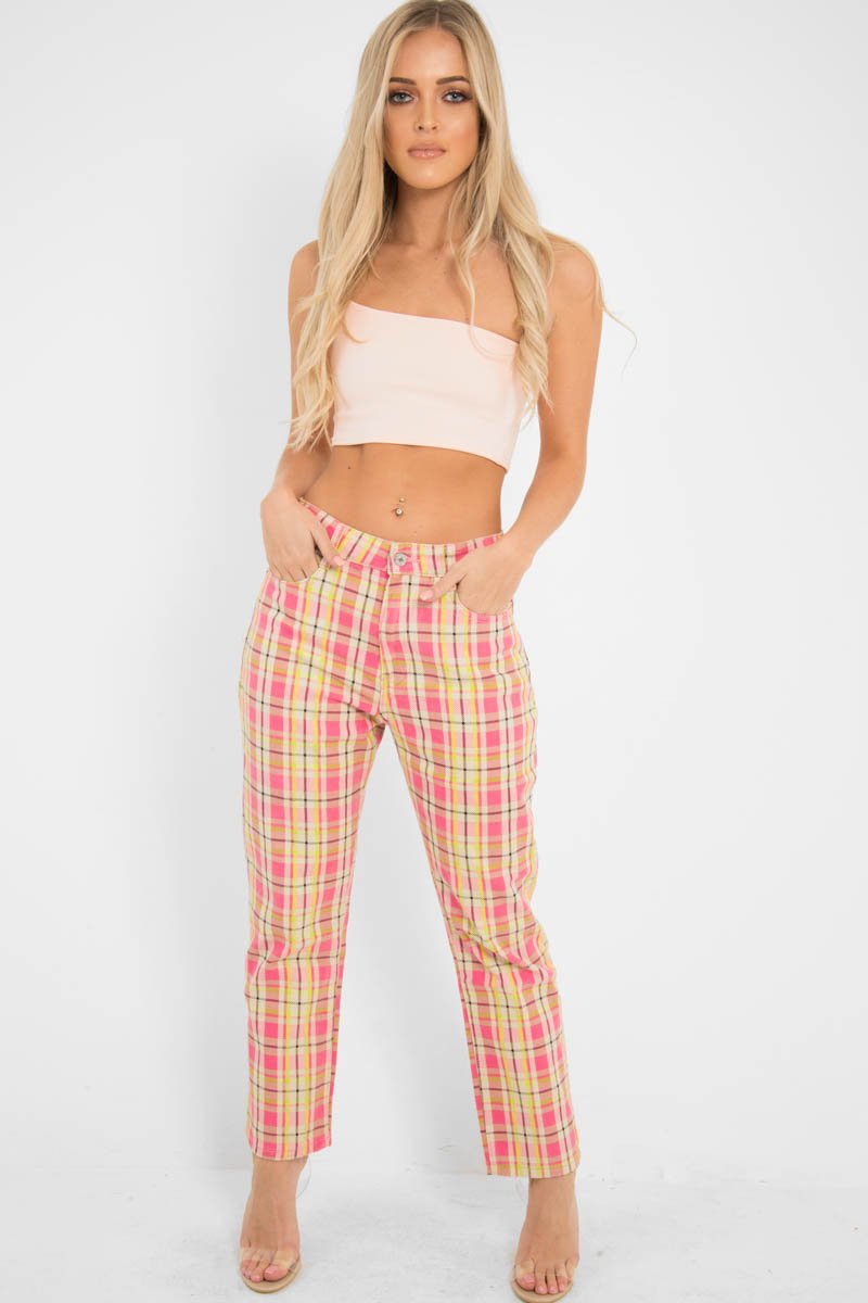 Pink Check High Waist Jeans - Tarryn-Jeans