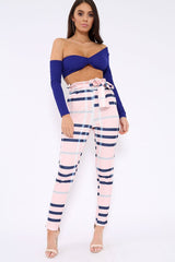 Pink Check Print Paper Bag Tie Waist Tapered Trousers - Ashi-Trousers