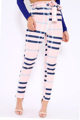 Pink Check Print Paper Bag Tie Waist Tapered Trousers - Ashi-Trousers