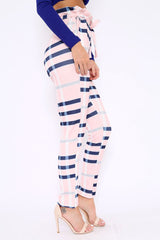 Pink Check Print Paper Bag Tie Waist Tapered Trousers - Ashi-Trousers