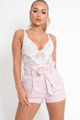 Pink Check Woven Paper Bag Shorts - Aleysa-Shorts