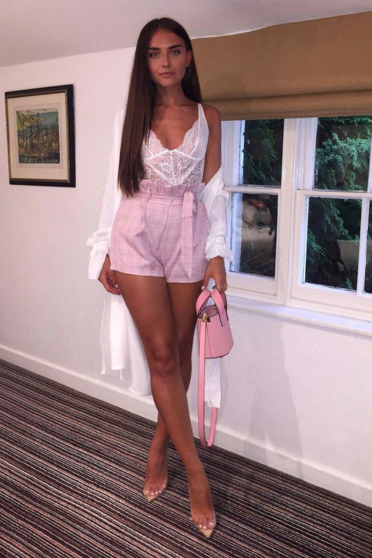 Pink Check Woven Paper Bag Shorts - Aleysa