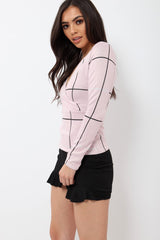 Pink Check Wrap Front Top - Robyn-Tops