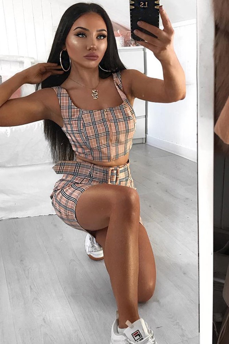 Pink Check Zip Front Bralet Belted Skirt Co-Ord - Cherise-Co-ords