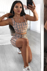 Pink Check Zip Front Bralet Belted Skirt Co-Ord - Cherise-Co-ords