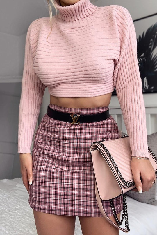 Pink Checked Bodycon Mini Skirt - Adaya