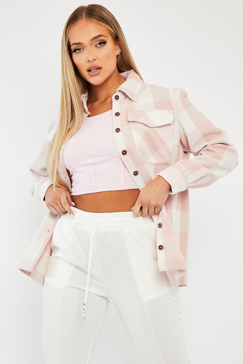 Pink Checked Brushed Shacket - Brissa-Shacket