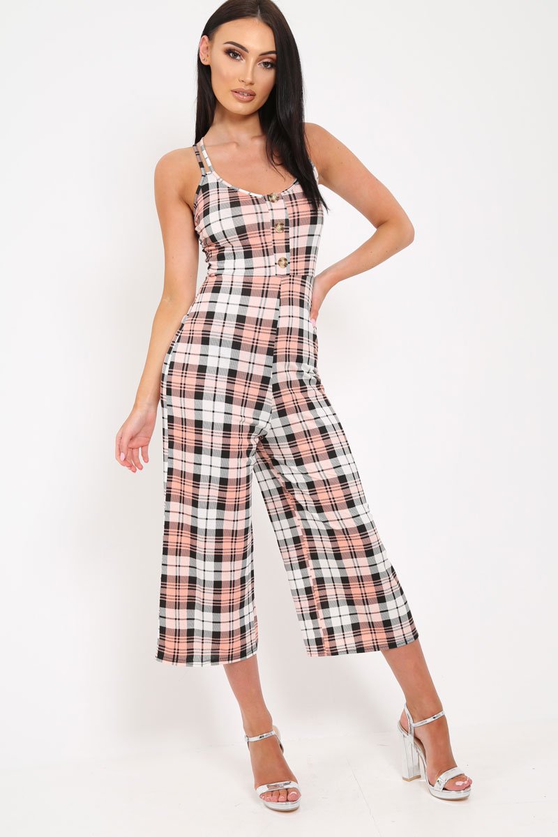 Pink Checked Button Front Jumpsuit - Lillier-Jumpsuits