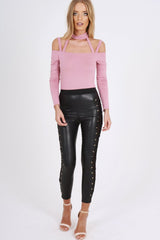 Pink Choker Neck Strappy Bodysuit - Jenny-Bodysuits