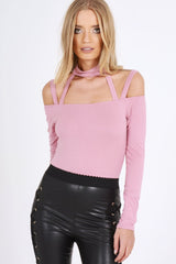 Pink Choker Neck Strappy Bodysuit - Jenny-Bodysuits