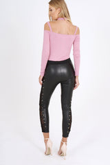 Pink Choker Neck Strappy Bodysuit - Jenny-Bodysuits