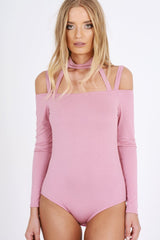 Pink Choker Neck Strappy Bodysuit - Jenny-Bodysuits