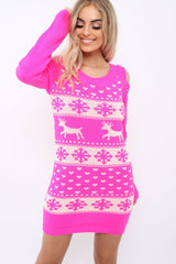 Pink Christmas Print Jumper Dress - Kleo-Dresses