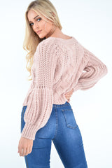 Pink Chunky Knit Balloon Sleeve Jumper - Rielynn-Jumper