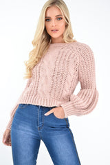 Pink Chunky Knit Balloon Sleeve Jumper - Rielynn-Jumper