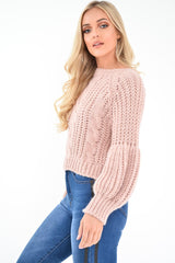 Pink Chunky Knit Balloon Sleeve Jumper - Rielynn-Jumper