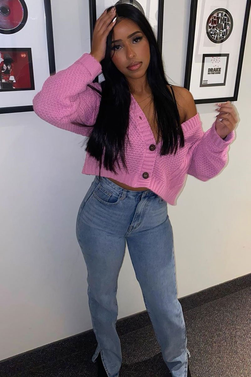 Pink Chunky Knit Button Up Crop Cardigan - Elly-Cardigans