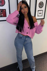 Pink Chunky Knit Button Up Crop Cardigan - Elly-Cardigans